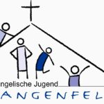 Vier sich bewegende, stilisierte Menschen unter einem langgezogenen Dach