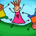 Eine bunte, einfache Zeichnung von drei tanzenden Kindern